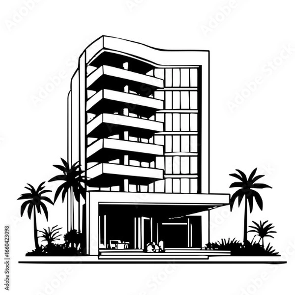 Fototapeta Artistic Hotel Illustration in Minimalistic Line Vector Style with Geometric and Abstract Modern Design Elements