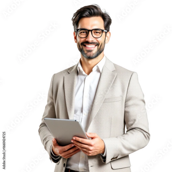 Fototapeta Smiling businessman wearing glasses and a blazer holding a tablet computer isolated on transparent background