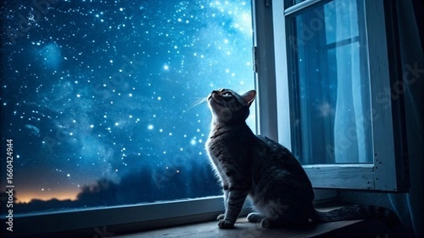 Fototapeta Cat Looking Up at Blue Night Sky with Stars and Dreamy Glow