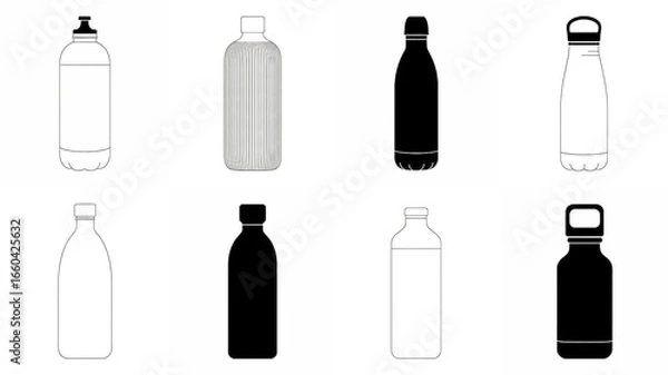 Fototapeta Various bottles and containers in black and white line art and solid fill beverage liquid