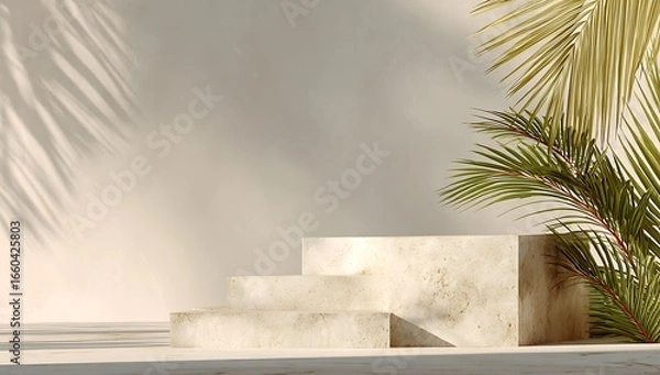 Fototapeta Elegant Product Display with Natural Light and Palm Fronds A Minimalist Aesthetic for Modern Marketing and Advertising Visuals