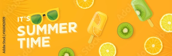 Fototapeta Colorful Summer Sale banner with tropical fruits, ice cream and sunglasses background.