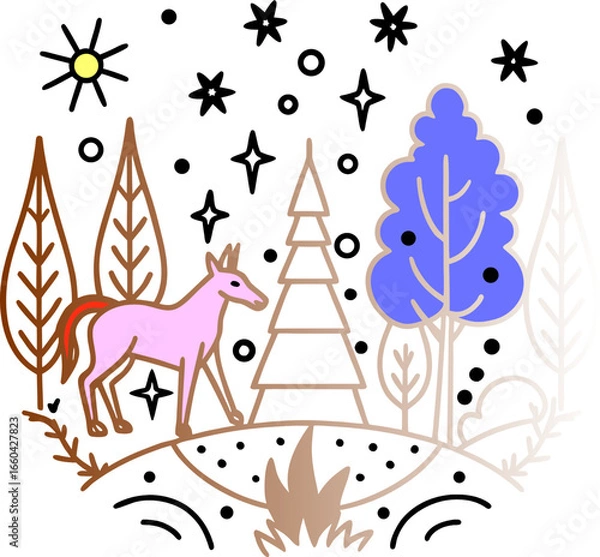 Fototapeta “Magical Forest, Geometric Patterns, Ecosystem, Infographic and Global Unity Vector Illustrations”