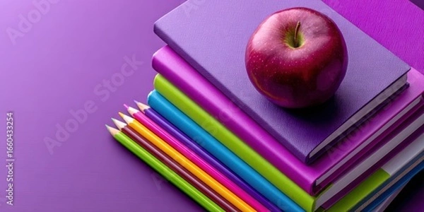 Fototapeta Stack of books with apple and pencils