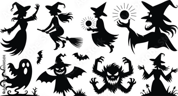 Fototapeta Halloween witches and ghosts silhouettes, spooky scary witches flying on broomsticks, dark magic, haunted ghost shapes, creepy bats and monsters, black silhouette Halloween characters