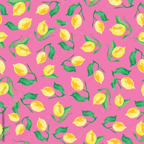 Fototapeta Aquarell lemons seamless repeat pattern on pink background. Random placed, watercolor, hand drawn citrus fruits aop, all over surface print.