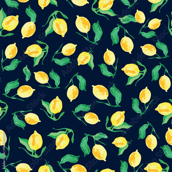 Obraz Aquarell lemons seamless repeat pattern on dark blue background. Random placed, watercolor, hand drawn citrus fruits aop, all over surface print.