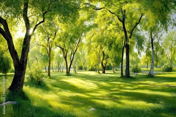 Fototapeta Lush green trees casting shadows on a sunny meadow.