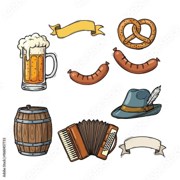 Fototapeta A collection of oktoberfest themed illustrations on a white background