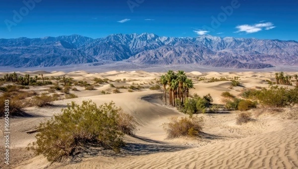 Fototapeta Desert landscape with mountains and palm trees.