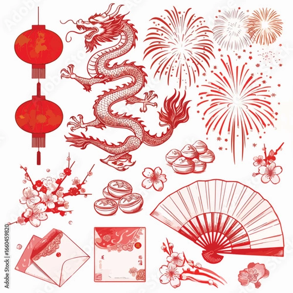 Fototapeta Illustration of chinese new year elements with dragon and lanterns