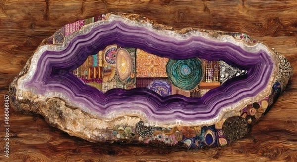 Fototapeta Purple agate slice with intricate mosaic inlay.