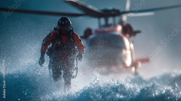 Obraz Coast Guard rescue swimmer runs through rough surf as helicopter hovers behind, dramatic maritime search and rescue action in high seas