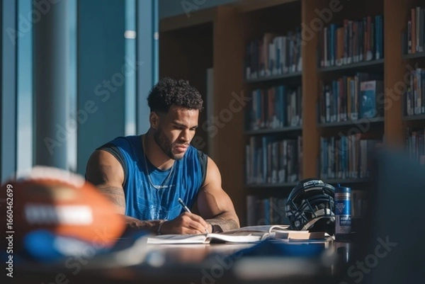 Obraz Focused university athlete studying in a modern library, writing notes at a desk in soft evening light, showcasing dedication, discipline, and academic commitment