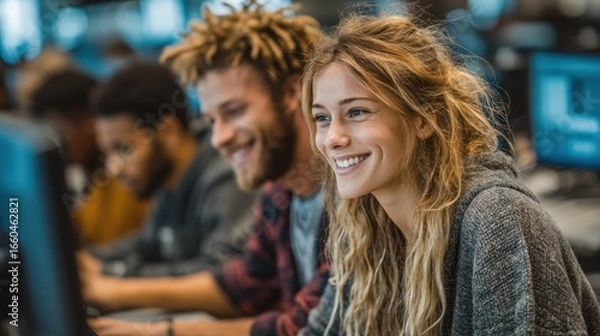 Obraz Smiling diverse students learning at computers in modern classroom, young woman in focus with casual sweater, teamwork and digital skills education