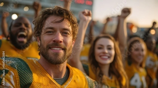 Obraz Smiling athlete leading a jubilant team after a night game, diverse players in red jerseys celebrating victory with energy, unity, and sportsmanship on the field