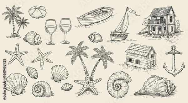 Fototapeta Hand drawn beach collection with tropical palm trees, shells, boats, and seaside houses