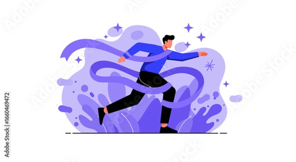 Fototapeta Dynamic flat style illustration of a man running with vivid purple abstract background