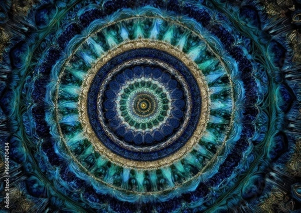 Fototapeta Intricate mandala design with deep blues and turquoise.