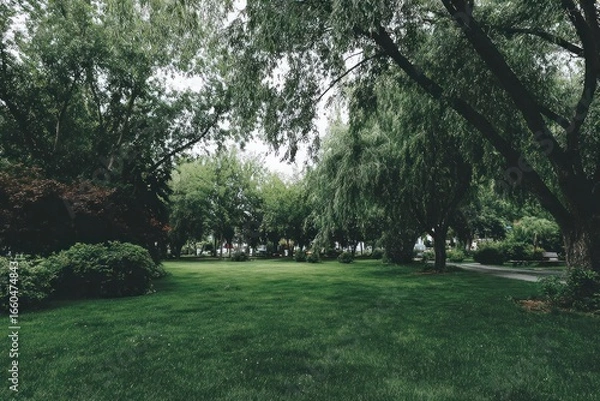 Fototapeta Lush green grass stretches beneath a canopy of trees in a park.
