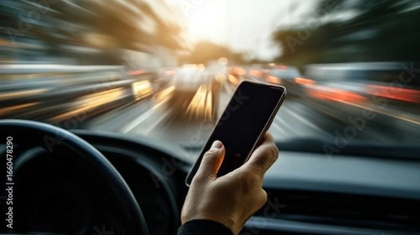 Fototapeta A person holding a smartphone while driving, with a blurred road background and space for copy, highlighting the importance of safety and responsible mobile use on the road.
