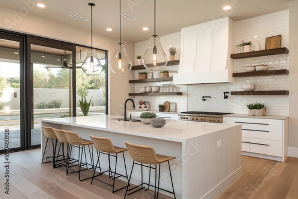 Fototapeta Spacious modern kitchen with a large island, bar stools, open shelving, and pendant lights, soft neutral tones of beige and white.