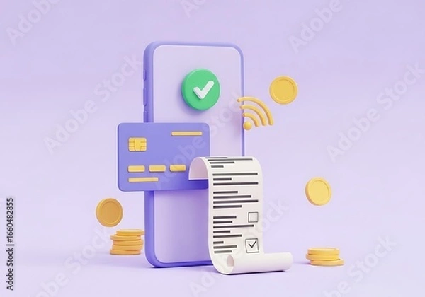 Fototapeta Digital Payment System Illustration of Smartphone Credit Card Coins and Receipt for Online Transactions and Mobile Banking in Modern Lavender Style