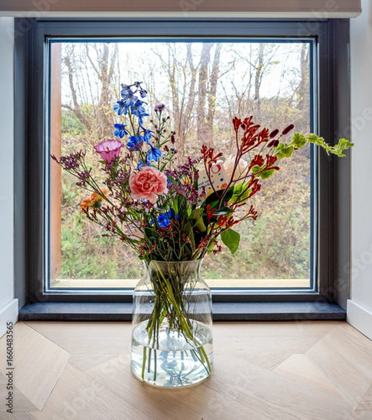 Fototapeta A vibrant bouquet of mixed flowers, including carnations, delphiniums, and greenery, arranged in a clear glass vase with water. Placed on a wooden windowsill, the bouquet is framed by a modern window.