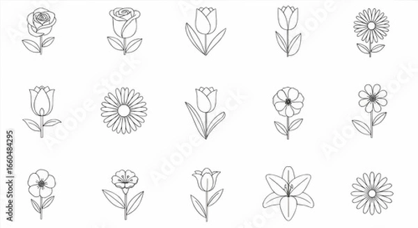 Fototapeta Decorative flower outline vector icons set with detailed floral designs for botanical illustration, spring decoration, and natural elements.