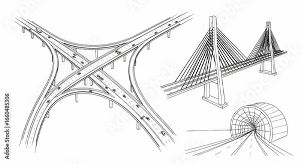 Fototapeta Detailed vector illustration of architectural bridge structure with abstract geometric steel design for construction and engineering projects.