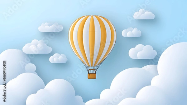 Obraz A yellow hot air balloon floats among fluffy white clouds in a blue sky.