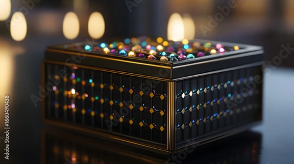 Obraz A decorative black box adorned with jewels sits on a reflective surface.