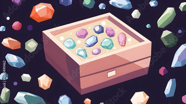 Obraz A wooden box filled with colorful gemstones surrounded by other scattered stones.