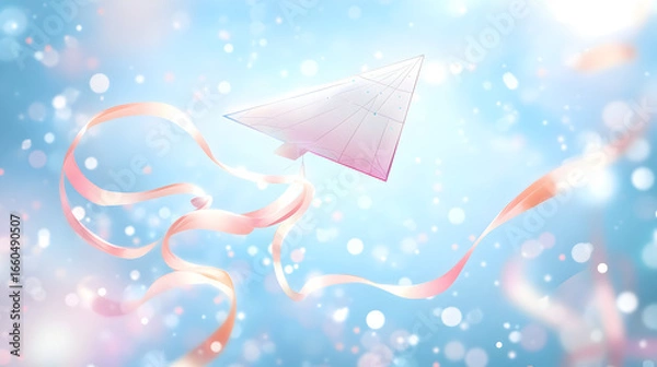 Obraz A paper airplane floats in a bright blue sky with ribbons and bokeh.