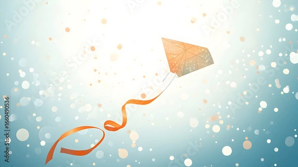Obraz A kite flies in a bright sky with a ribbon and scattered white dots.