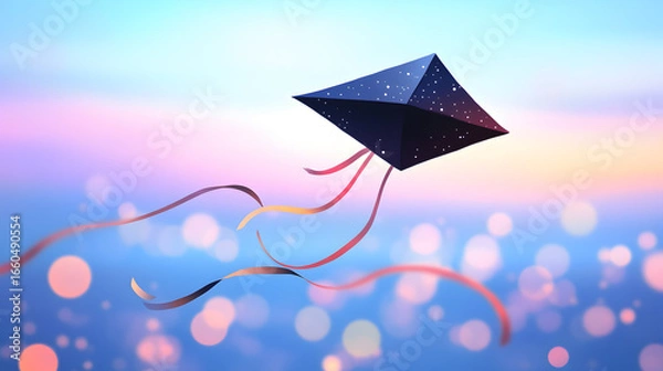 Obraz A geometric kite floats in a blurred sky with bokeh lights.