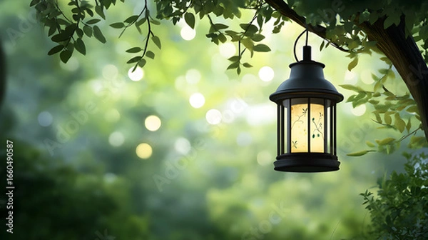 Obraz A lantern hangs from a tree branch with a blurred green forest background.