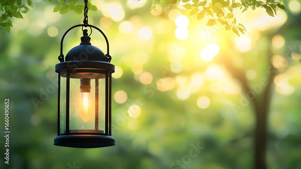 Obraz A lantern hangs from a tree branch with a blurred green and yellow background.