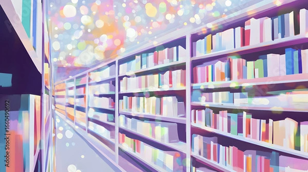 Obraz Rows of books fill shelves inside a brightly lit library setting.