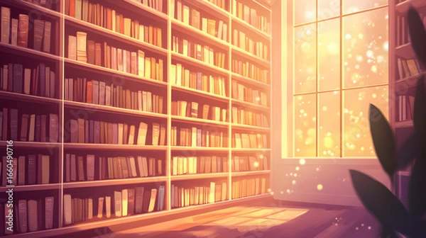 Obraz A sunlit library interior with bookshelves and a window displaying light and foliage.