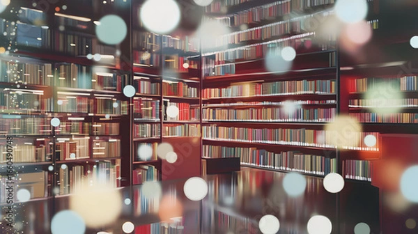 Obraz Interior library shelves filled with books and a bokeh effect.