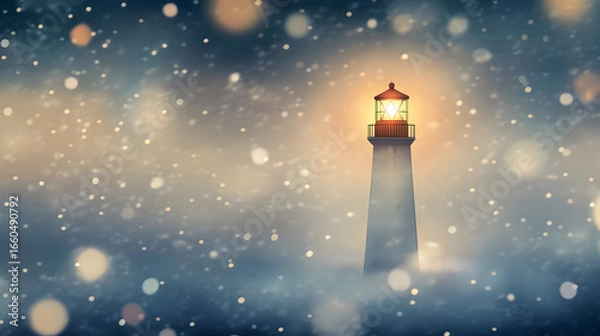 Obraz A lighthouse shines brightly amidst a snowy night scene.