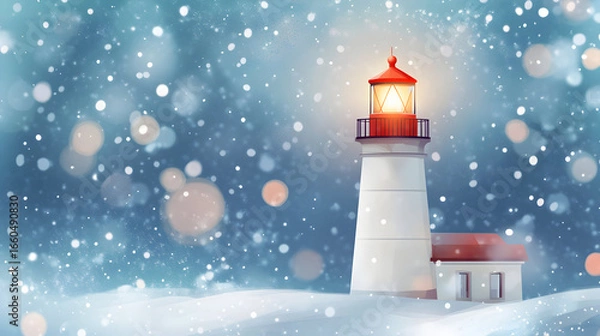 Obraz A lighthouse stands in a snowy landscape with falling snowflakes and bokeh.