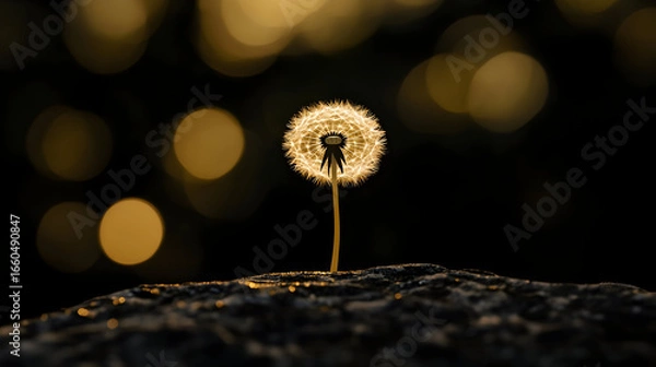 Obraz A dandelion seed head glows against a dark background with blurred golden light.