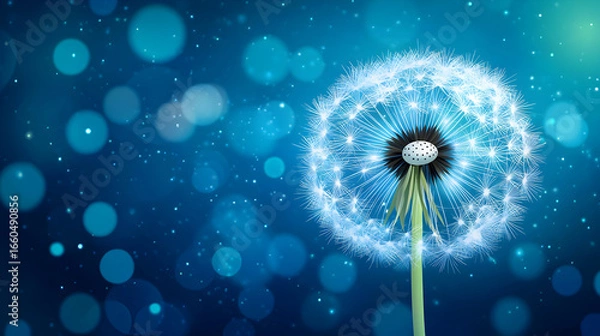 Obraz A close-up of a dandelion seed head against a blurred blue background.