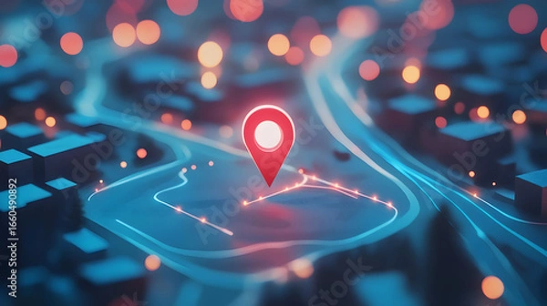 Obraz A map shows a location marker and a route with blurred city lights.