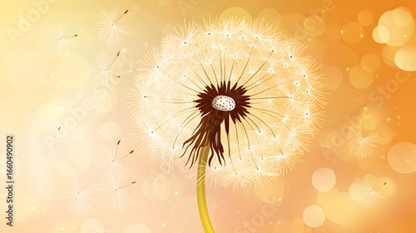 Obraz A dandelion seed head against a soft orange and yellow blurred background.