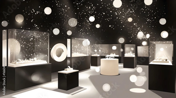 Obraz Interior view of a display room showcasing jewelry in illuminated display cases.
