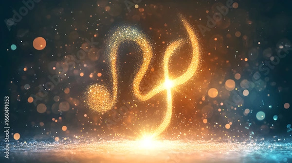 Obraz Glowing golden zodiac symbol against a dark starry background with sparkles.