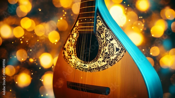 Obraz A stringed musical instrument with a blue ribbon against a blurred golden background.